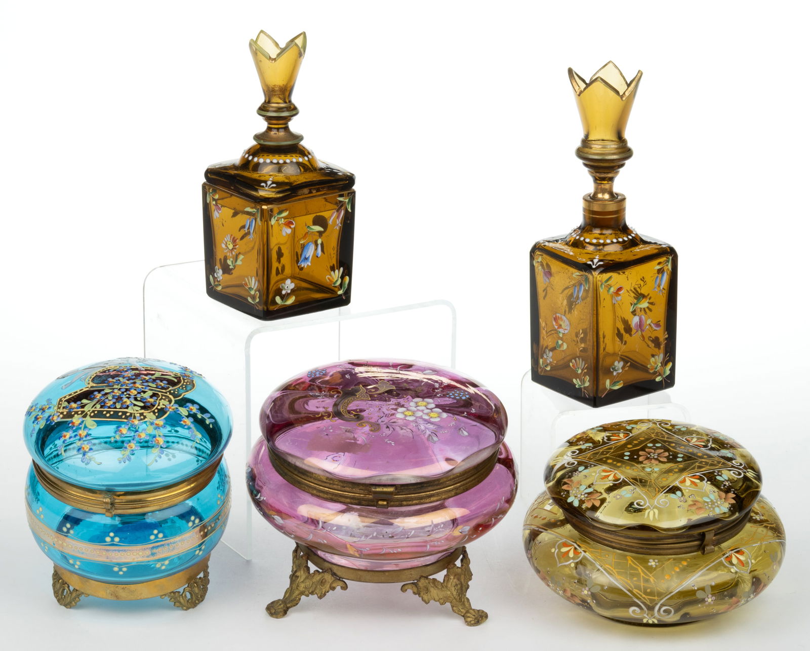 ASSORTED VICTORIAN ENAMEL-DECORATED GLASS COVERED DRESSER JARS / VANITY ARTICLES, LOT OF FIVE (1 of 1)