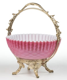 VICTORIAN AIR-TRAP MOTHER-OF-PEARL SATIN ART GLASS BRIDE'S BASKET