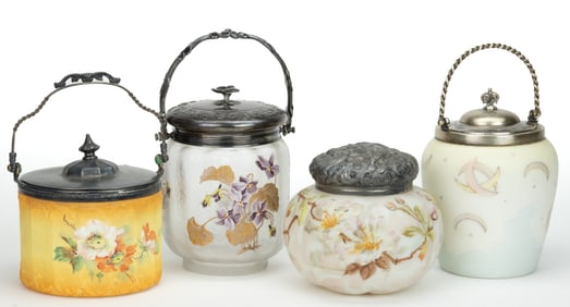 ASSORTED VICTORIAN ART GLASS BISCUIT / CRACKER JARS, LOT OF FOUR