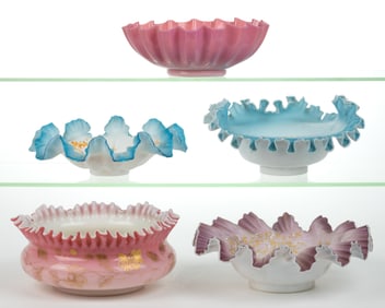 ASSORTED VICTORIAN ART GLASS BOWLS / BRIDE'S BASKETS, LOT OF FIVE