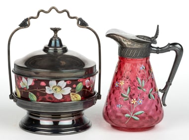 ASSORTED VICTORIAN CRANBERRY DIAMOND-OPTIC GLASS ARTICLES, LOT OF TWO