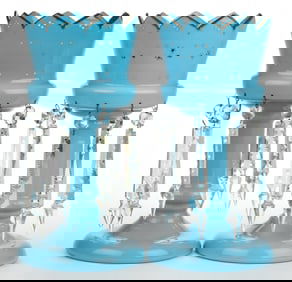 VICTORIAN OPALINE PAIR OF MANTLE LUSTERS