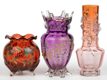 ASSORTED VICTORIAN DECORATED GLASS ARTICLES, LOT OF THREE