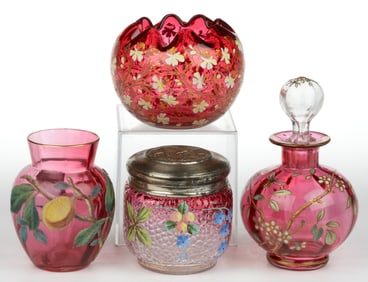 ASSORTED VICTORIAN CRANBERRY GLASS ARTICLES, LOT OF FOUR