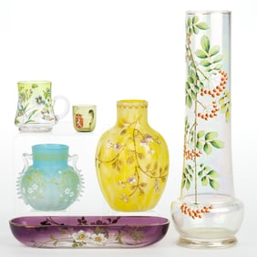 VICTORIAN ENAMEL-DECORATED GLASS ARTICLES, LOT OF SIX