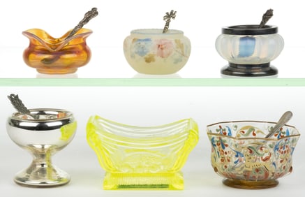 ASSORTED ART GLASS AND OTHER OPEN SALTS, LOT OF SIX