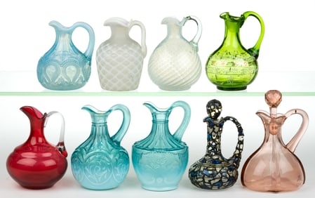 ASSORTED OPALESCENT AND OTHER GLASS CRUETS, LOT OF NINE