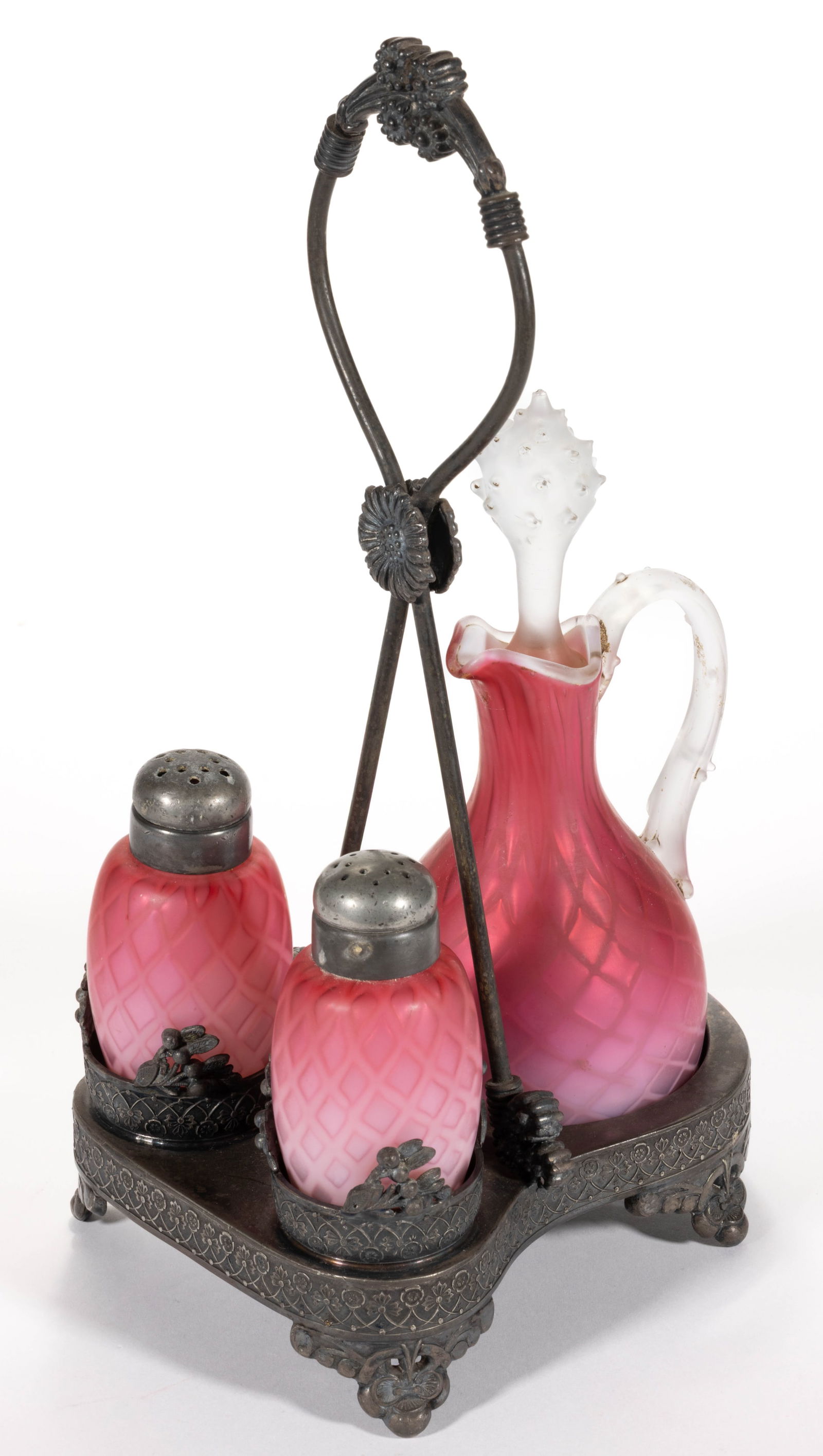 MT. WASHINGTON DIAMOND-QUILT AIR-TRAP MOTHER-OF-PEARL ART GLASS THREE-BOTTLE CONDIMENT SET (1 of 1)