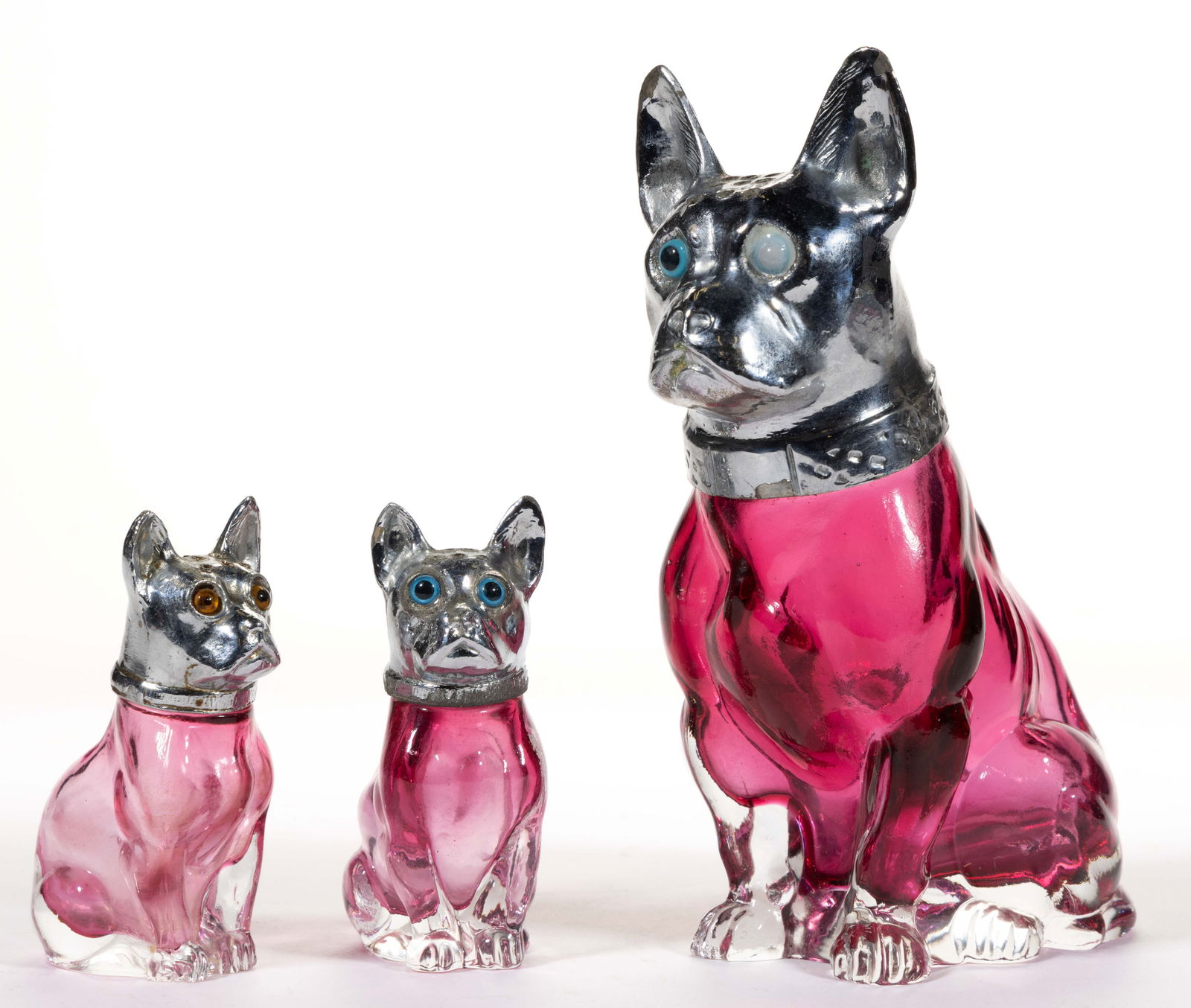 FARBER SITTING DOG FIGURAL CASED GLASS CONDIMENT ARTICLES, LOT OF THREE (1 of 1)