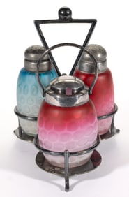 PHOENIX ATTRIBUTED RAINDROP AIR-TRAP MOTHER-OF-PEARL ART GLASS THREE-BOTTLE CONDIMENT SET