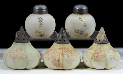 ASSORTED MT. WASHINGTON / SMITH BROTHERS SALT SHAKERS, LOT OF FIVE