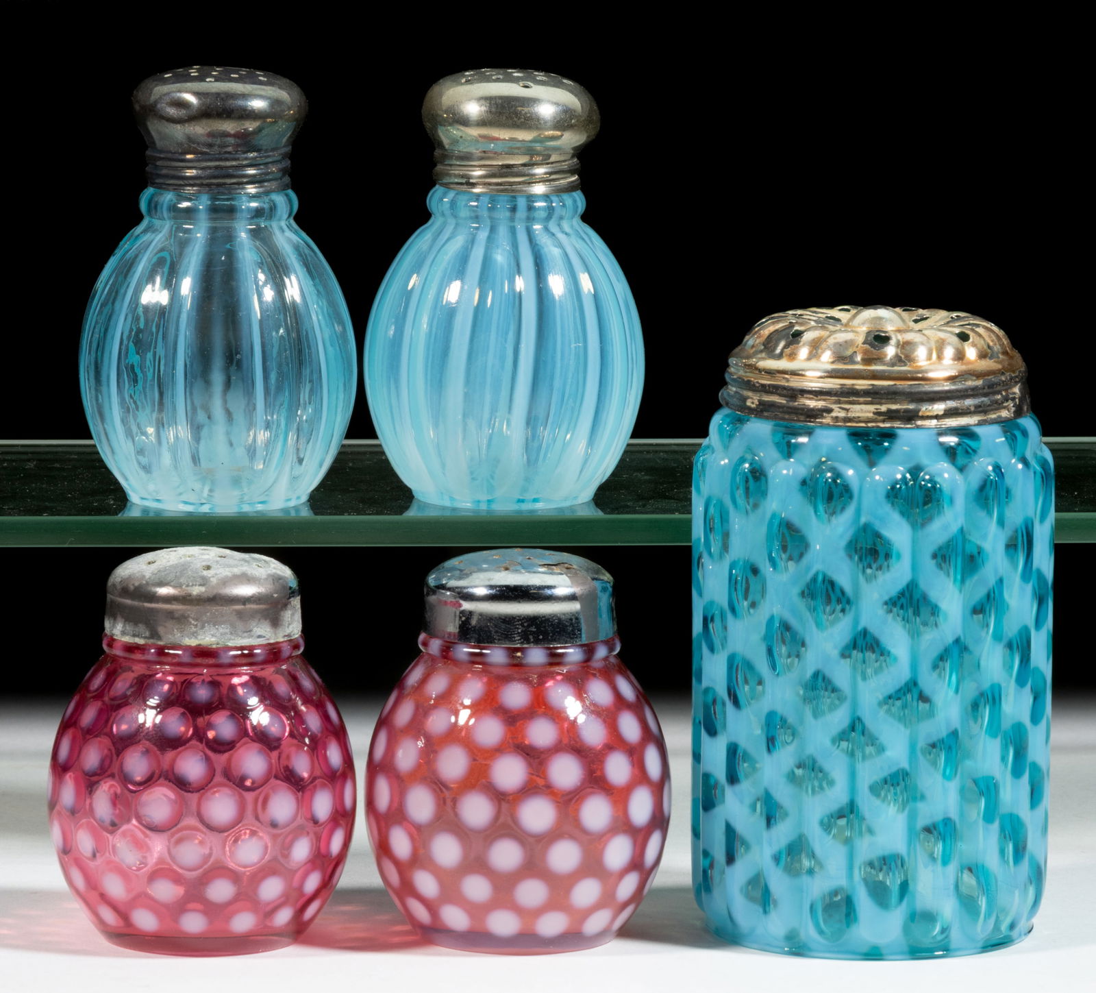 ASSORTED OPALESCENT SUGAR AND SALT / PEPPER SHAKERS, LOT OF FIVE (1 of 1)