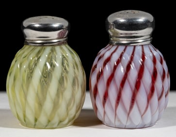REVERSE SWIRL OPALESCENT GLASS SALT AND PEPPER SHAKERS, PAIR