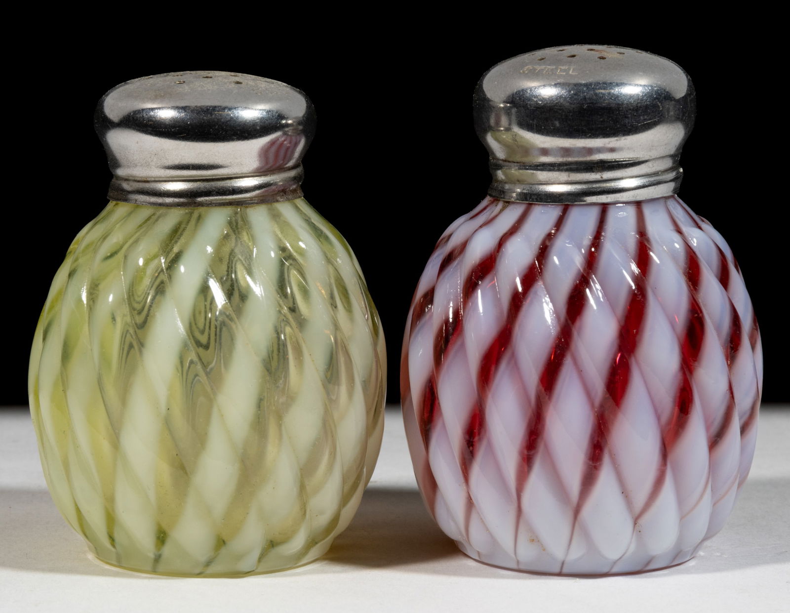 REVERSE SWIRL OPALESCENT GLASS SALT AND PEPPER SHAKERS, PAIR (1 of 1)