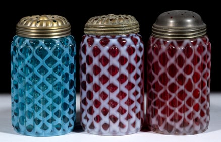 RIBBED OPAL LATTICE SUGAR SHAKERS, LOT OF THREE