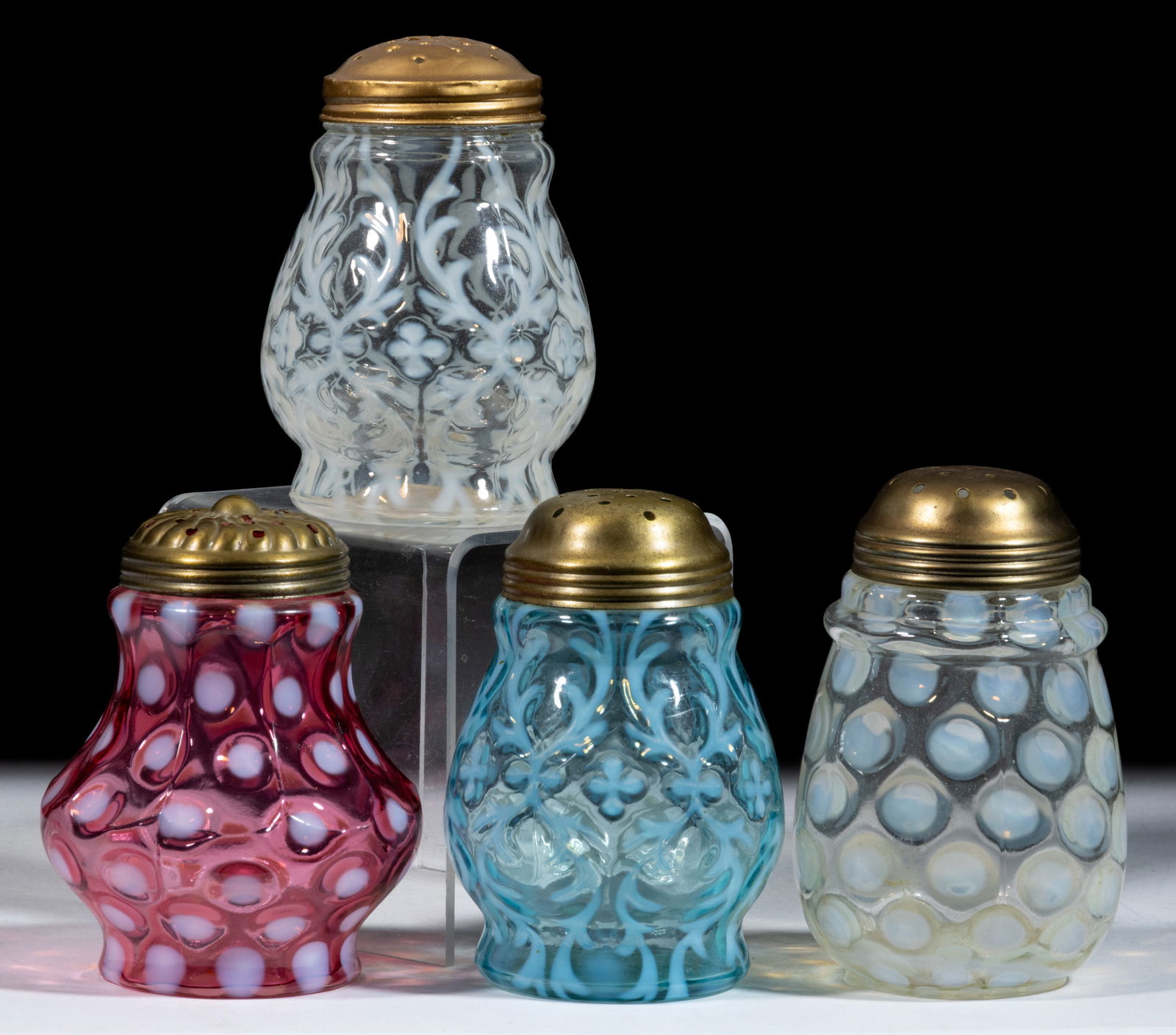 ASSORTED OPALESCENT GLASS SUGAR SHAKERS, LOT OF FOUR (1 of 1)