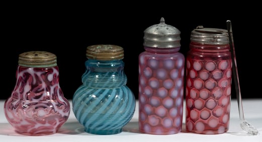 ASSORTED VICTORIAN OPALESCENT GLASS CONDIMENT ARTICLES, LOT OF FOUR