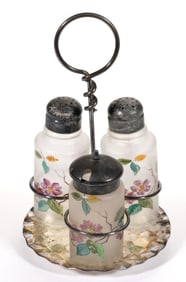 VICTORIAN FROSTED AND ENAMEL DECORATED THREE-BOTTLE CONDIMENT SET