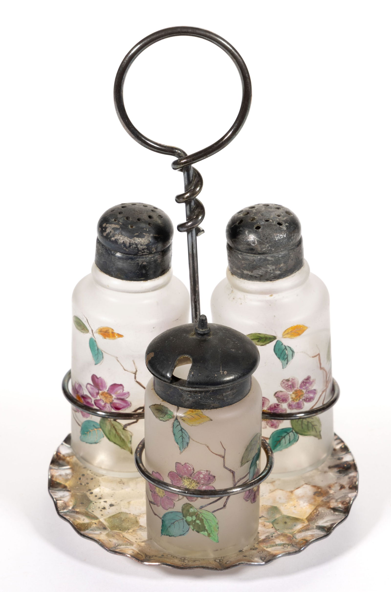 VICTORIAN FROSTED AND ENAMEL DECORATED THREE-BOTTLE CONDIMENT SET: VICTORIAN FROSTED AND ENAMEL DECORATED THREE-BOTTLE CONDIMENT SET, frosted colorless with polychrome-enamel decoration, comprising a cylindrical salt and pepper shaker and a mustard pot, each having m