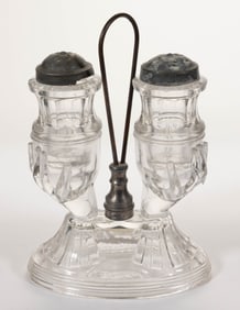 HAND WITH RING / BEGGARS HAND FIGURAL PRESSED GLASS SALT AND PEPPER SHAKER SET