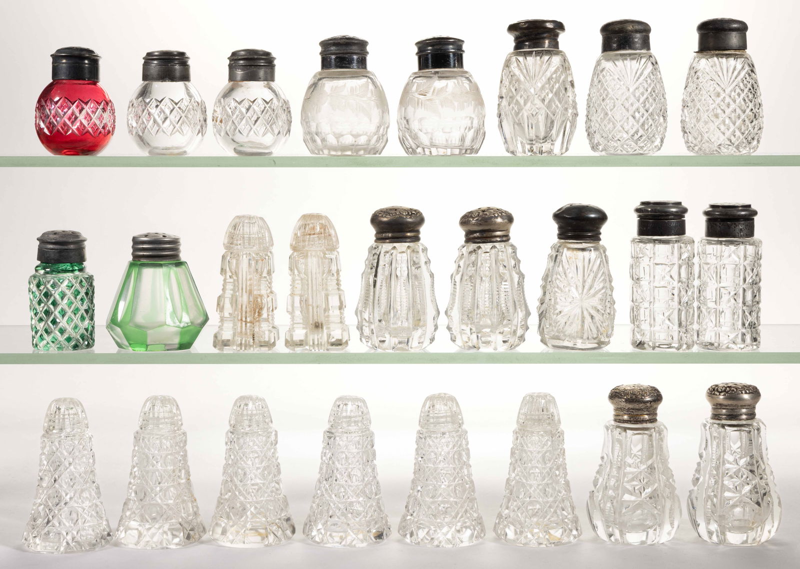 ASSORTED CUT GLASS SALT AND PEPPER SHAKERS, LOT OF 25 (1 of 1)