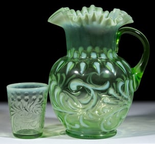 BUTTONS AND BRAIDS WATER PITCHER AND TUMBLER, LOT OF TWO