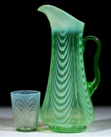 DRAPERY BLOWN WATER PITCHER AND PRESSED TUMBLER, LOT OF TWO