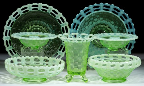 FENTON BASKETWEAVE WITH OPEN EDGE OPALESCENT GLASS ARTICLES, LOT OF SEVEN