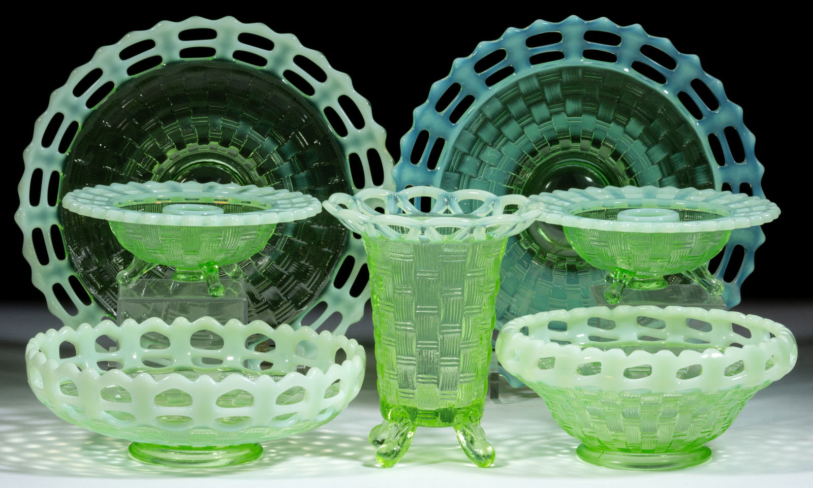 FENTON BASKETWEAVE WITH OPEN EDGE OPALESCENT GLASS ARTICLES, LOT OF SEVEN (1 of 1)