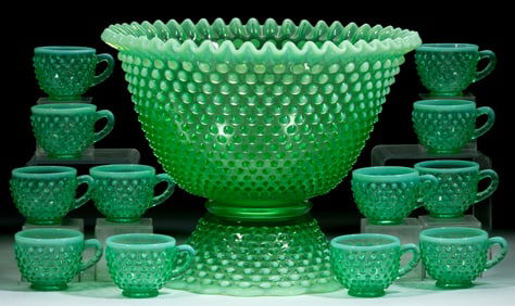 FENTON HOBNAIL OPALESCENT GLASS FOURTEEN-PIECE PUNCH SET