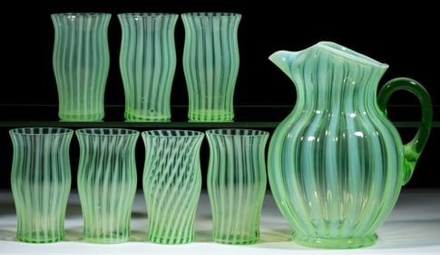 FENTON RIB-OPTIC OPALESCENT GLASS EIGHT-PIECE WATER SET