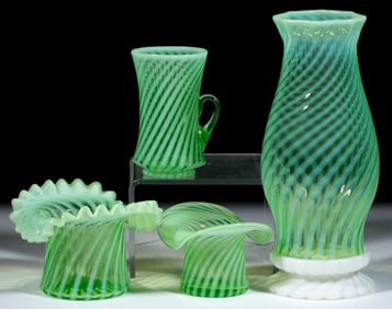 FENTON SPIRAL-OPTIC / SWIRL OPALESCENT GLASS ARTICLES, LOT OF FOUR