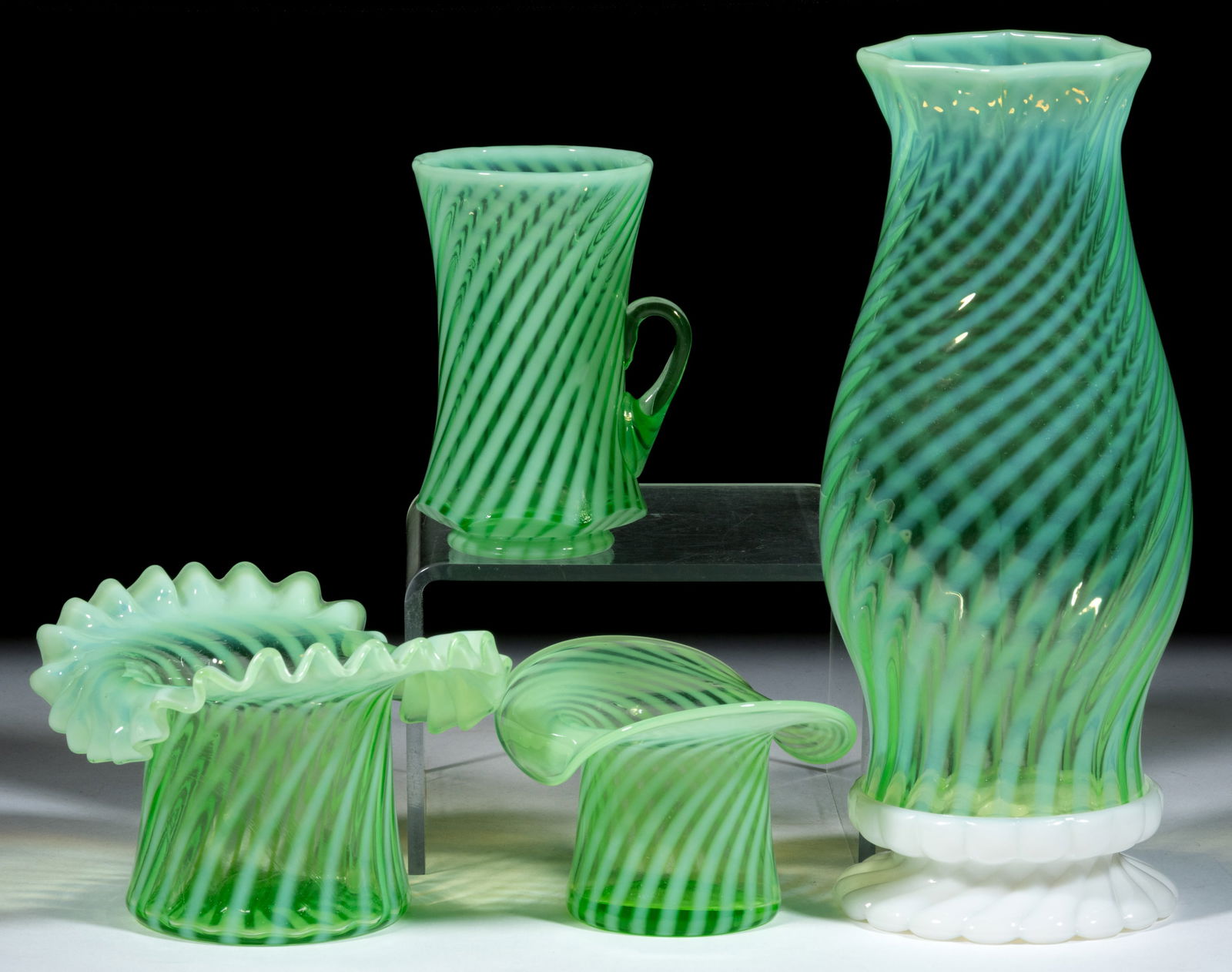 FENTON SPIRAL-OPTIC / SWIRL OPALESCENT GLASS ARTICLES, LOT OF FOUR (1 of 1)