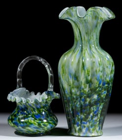 FENTON VASA MURRHINA ART GLASS VASE AND BASKET, LOT OF TWO
