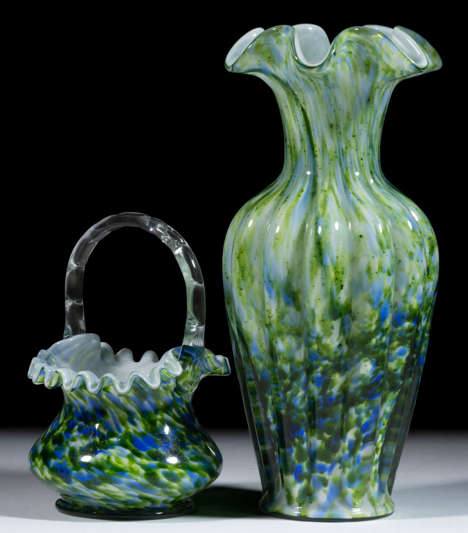 FENTON VASA MURRHINA ART GLASS VASE AND BASKET, LOT OF TWO (1 of 1)