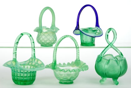 ASSORTED FENTON OPALESCENT GLASS BASKETS, LOT OF FIVE