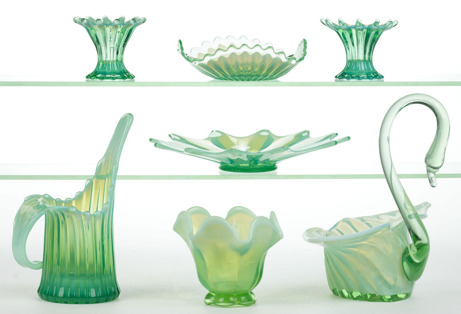 ASSORTED FOSTORIA HEIRLOOM AND OTHERS OPALESCENT GLASS ARTICLES, LOT OF SEVEN (1 of 1)