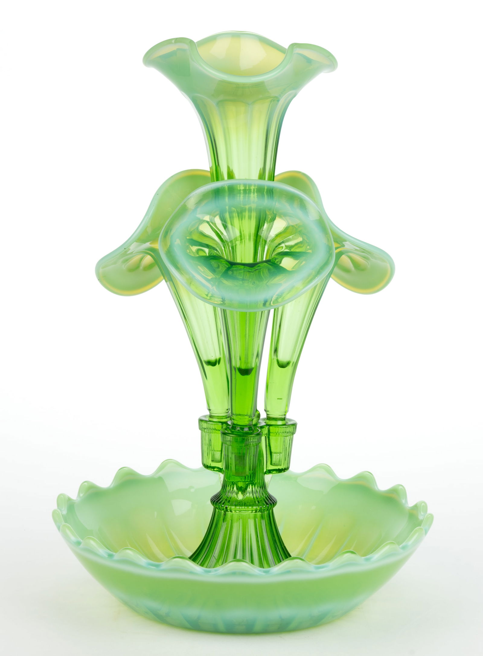 NORTHWOOD WIDE PANEL OPALESCENT GLASS EPERGNE: NORTHWOOD WIDE PANEL OPALESCENT GLASS EPERGNE, green opalescent, large central lily surrounded by three smaller lilies, circular bowl with scalloped rim. Northwood Glass Co. Pattern introduced in 1909
