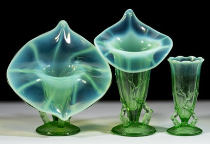 ASSORTED NORTHWOOD / DUGAN OPALESCENT TWIG GLASS VASES, LOT OF THREE