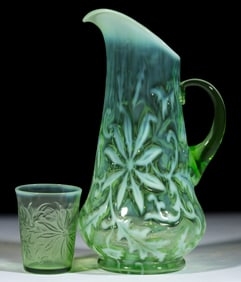 POINSETTIA OPALESCENT GLASS TANKARD WATER PITCHER AND TUMBLER, LOT OF TWO