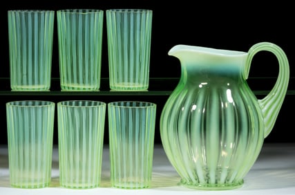 STRIPED OPALESCENT GLASS SEVEN-PIECE WATER SET