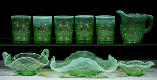 WATERLILY WITH CATTAILS PRESSED OPALESCENT ARTICLES, LOT OF NINE