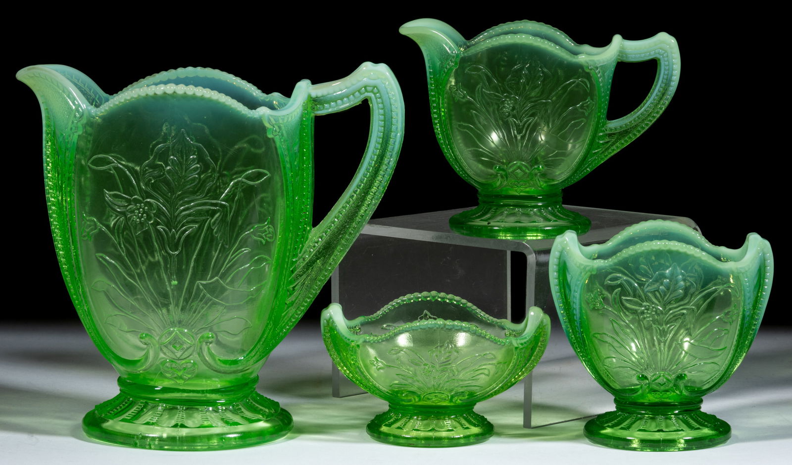 WILD BOUQUET / NORMANDY AND NORMAN (OMN) OPALESCENT GLASS TABLE ARTICLES, LOT OF FOUR (1 of 1)