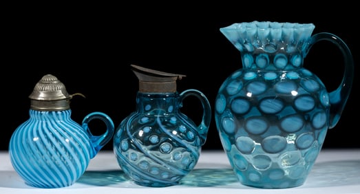 ASSORTED OPALESCENT GLASS PITCHERS, LOT OF THREE