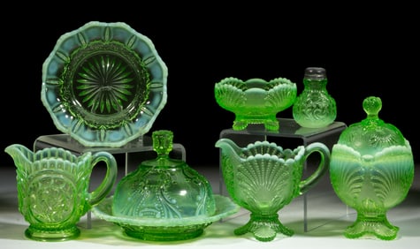 ASSORTED PRESSED OPALESCENT GLASS TABLE ARTICLES, LOT OF SEVEN