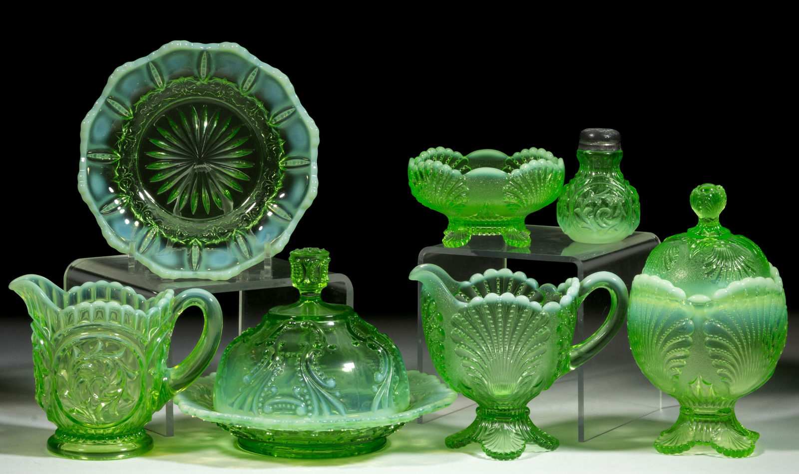 ASSORTED PRESSED OPALESCENT GLASS TABLE ARTICLES, LOT OF SEVEN (1 of 1)