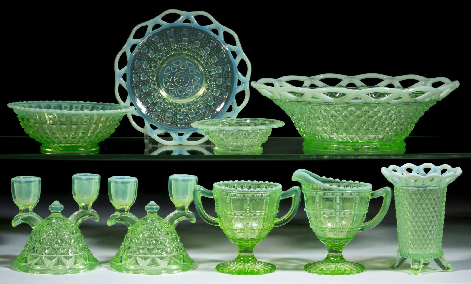 ASSORTED DIAMOND AND BLOCK PATTERNED OPALESCENT GLASS ARTICLES, LOT OF NINE (1 of 1)