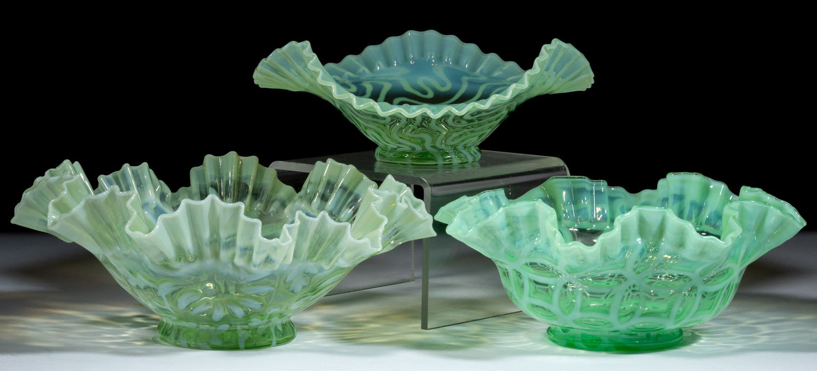 ASSORTED OPALESCENT GLASS BOWLS / BRIDE'S BASKETS, LOT OF THREE (1 of 1)