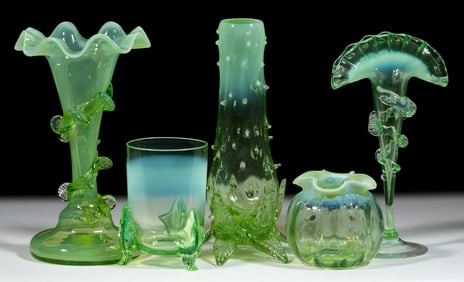 ASSORTED VICTORIAN BLOWN OPALESCENT GLASS ARTICLES, LOT OF FIVE