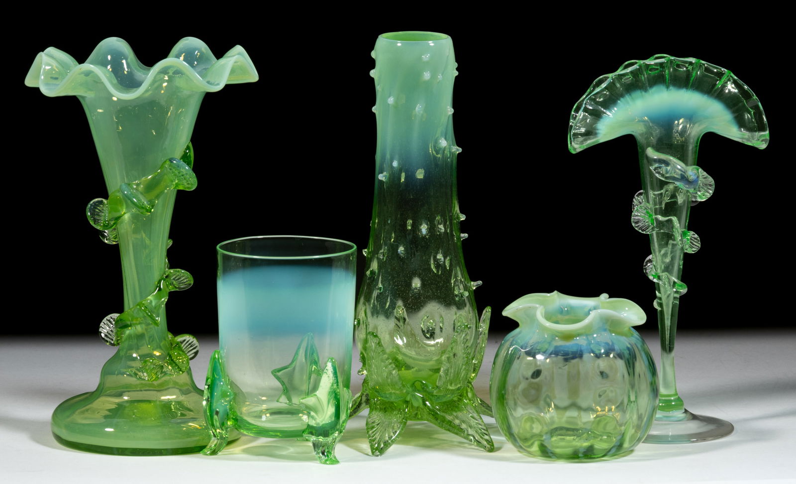 ASSORTED VICTORIAN BLOWN OPALESCENT GLASS ARTICLES, LOT OF FIVE (1 of 1)